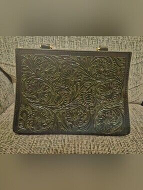 Black Floral Tooled Leather Tote Hair On Hide Purse